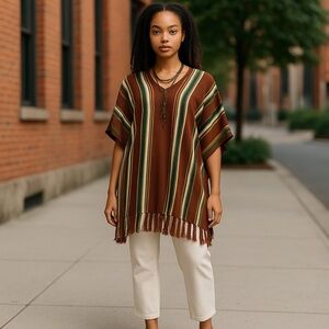 ❄️ Cato | Vertical Stripe Poncho Tortoise Shell One-Size